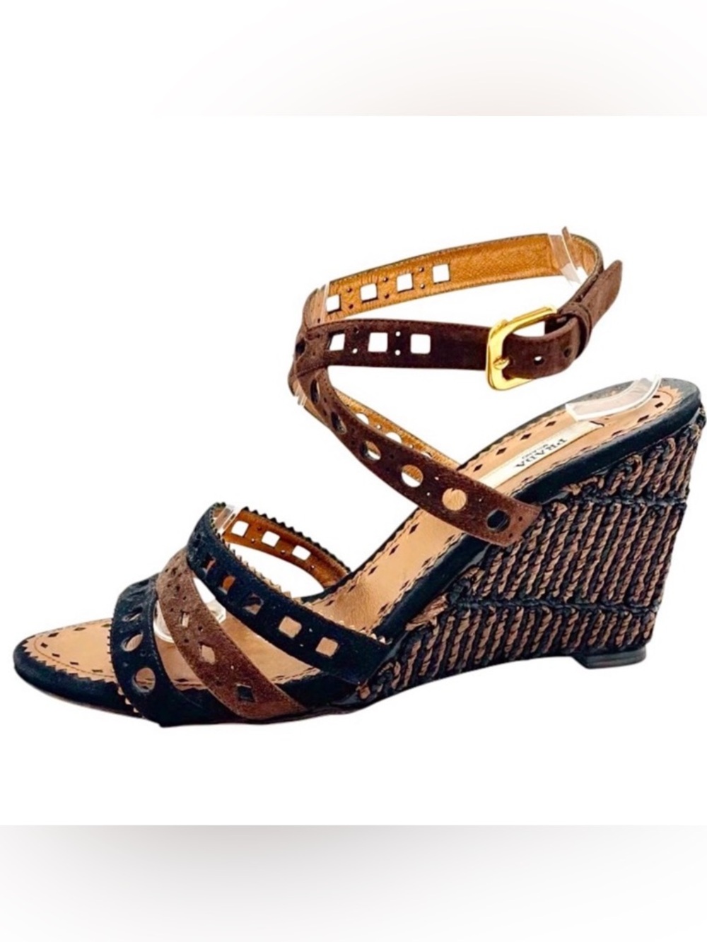 PRADA suede brown and black leather and raffia wedge sandals. Authentic! 🖤💛🤎 - Picture 3 of 10